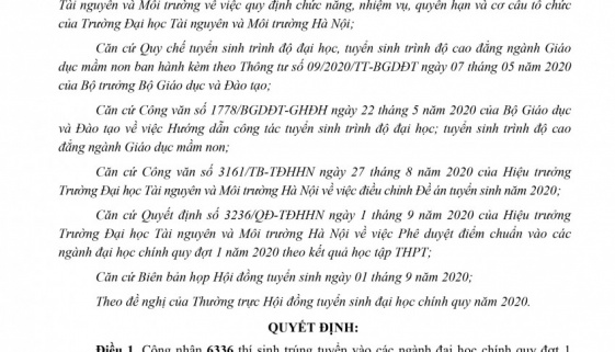 Công nhận thí sinh trúng tuyển vào các ngành đại học chính quy đợt 1 năm 2020 theo phương thức sử dụng kết quả học tập THPT (Học bạ)